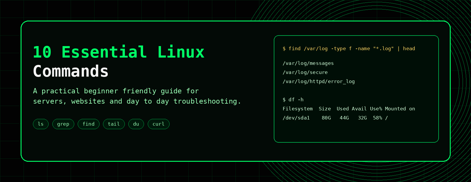 10 Essential Linux Commands banner showing practical server commands