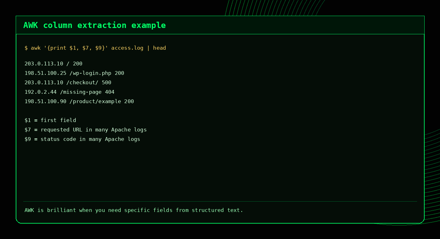 Example output showing AWK extracting columns from an access log