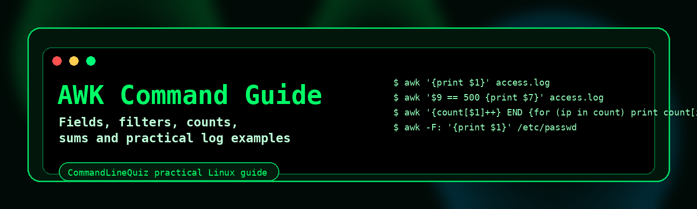 AWK command examples banner showing terminal text processing examples