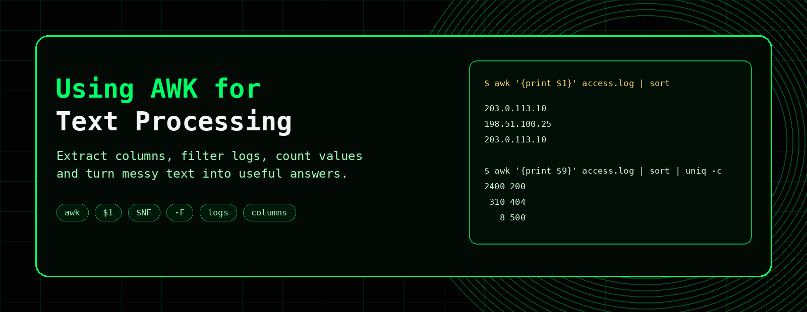 Using AWK for text processing banner showing Linux AWK command examples