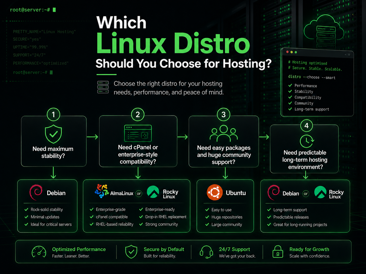 Decision guide image showing which Linux distro to choose for different web hosting needs