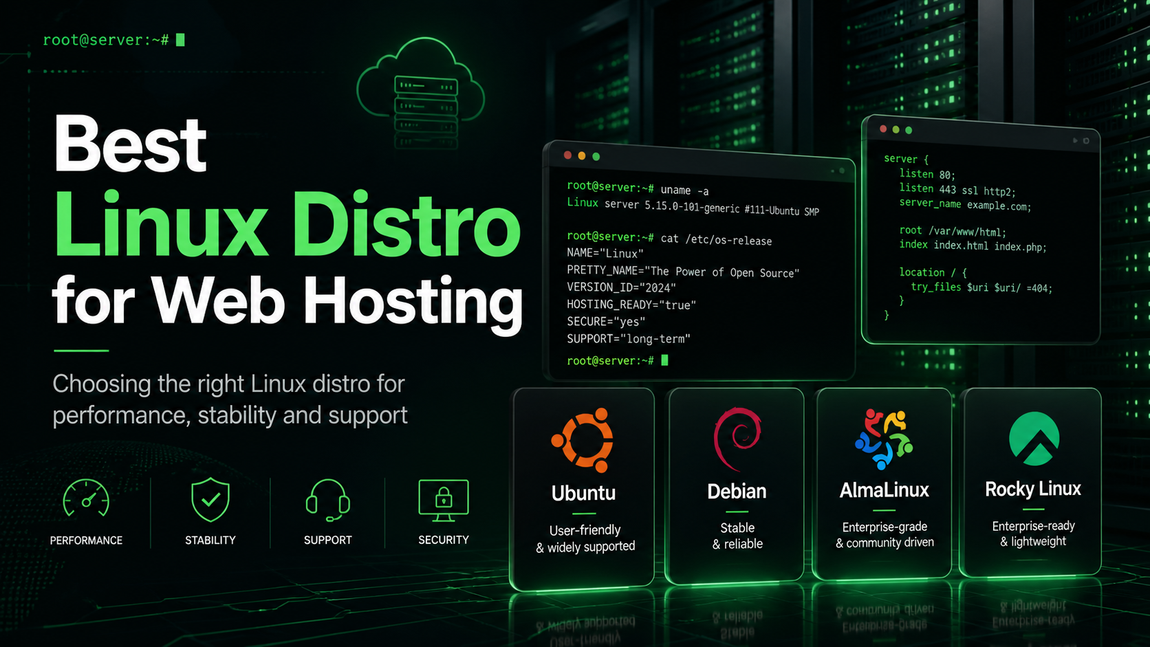 Best Linux distro for web hosting banner showing Ubuntu, Debian, AlmaLinux and Rocky Linux in a server room theme