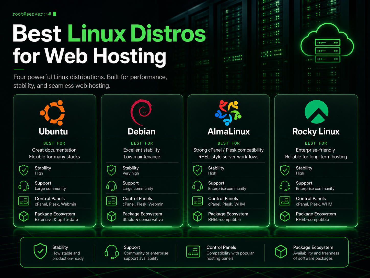 Comparison image of Ubuntu, Debian, AlmaLinux and Rocky Linux for web hosting