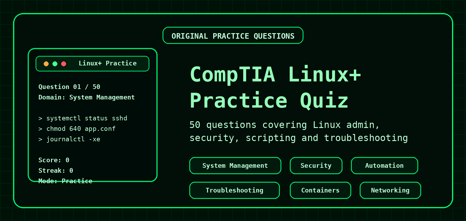 CompTIA Linux+ practice quiz banner with terminal style score panel