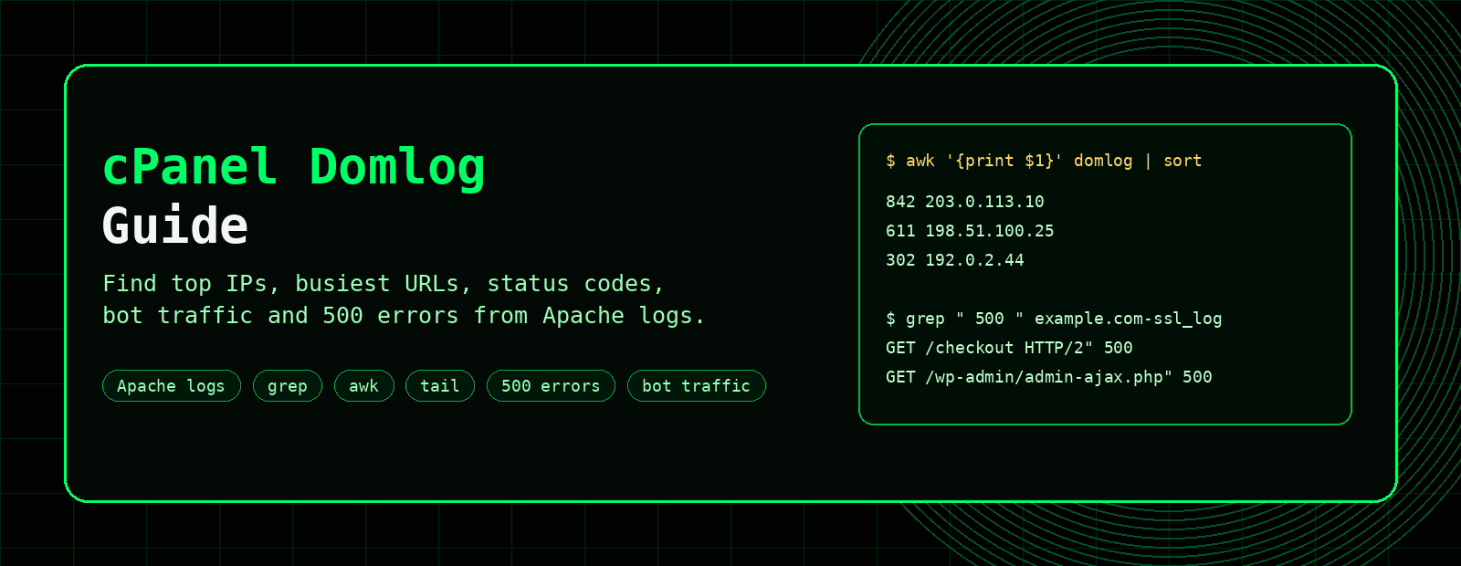 cPanel Domlog Guide banner showing Apache access log analysis commands