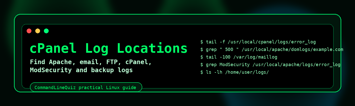 cPanel log locations banner showing terminal log commands