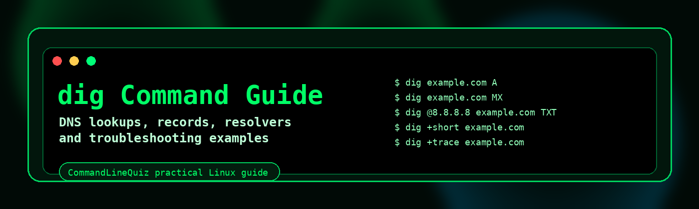 dig command guide banner showing DNS lookup examples