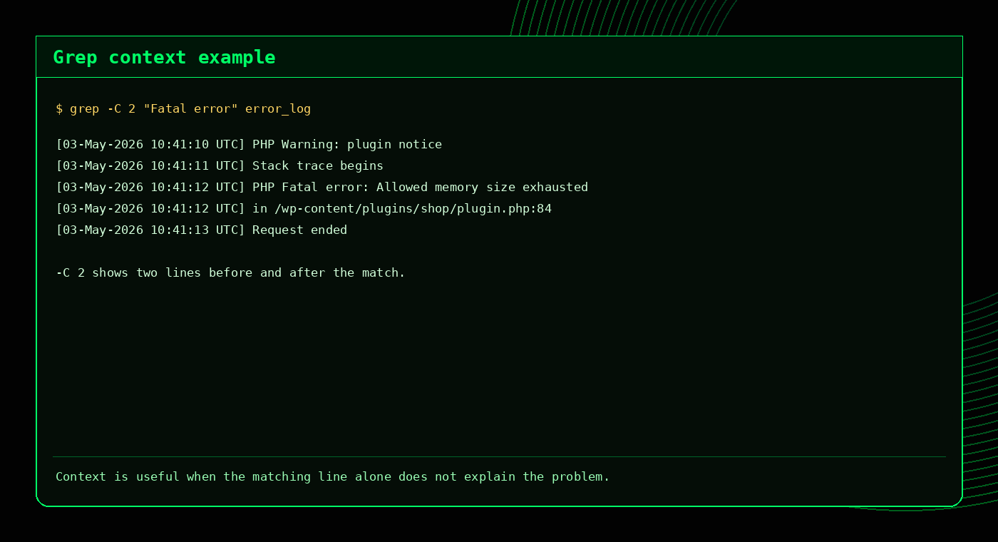 Example output showing grep context around a PHP fatal error