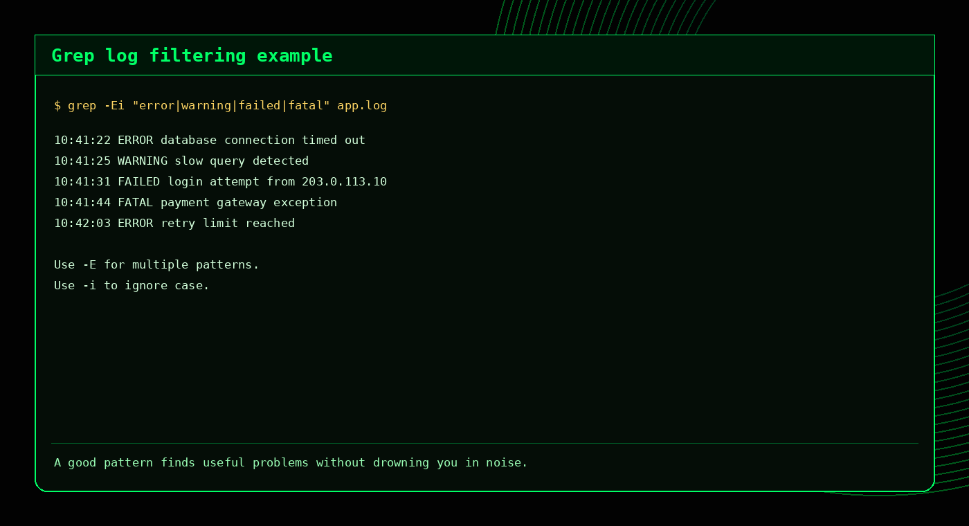Example output showing grep filtering log lines for errors warnings failed and fatal messages