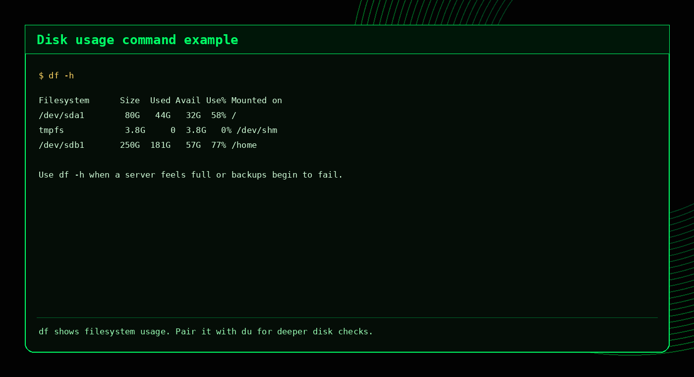 Example output showing df -h disk usage information