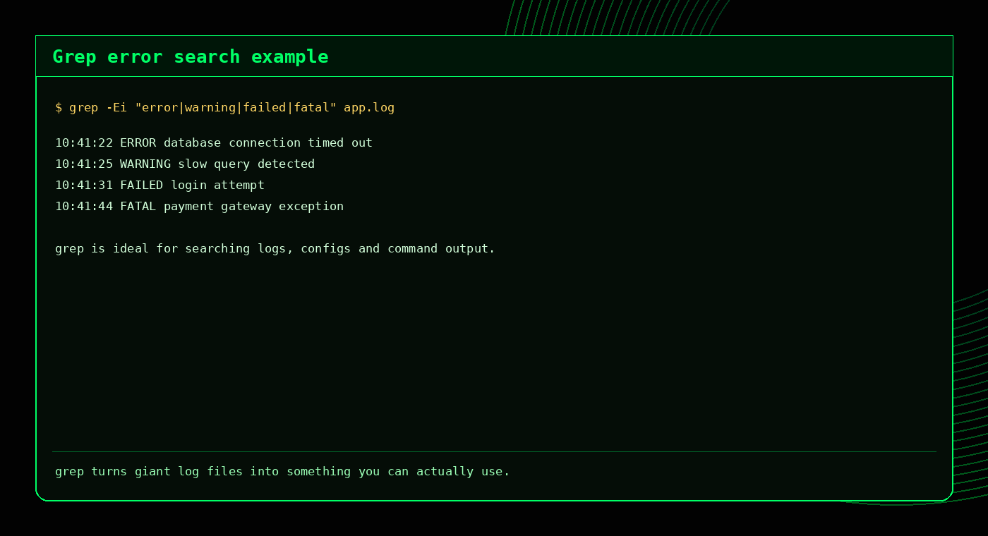 Example output showing grep searching a log for errors and warnings