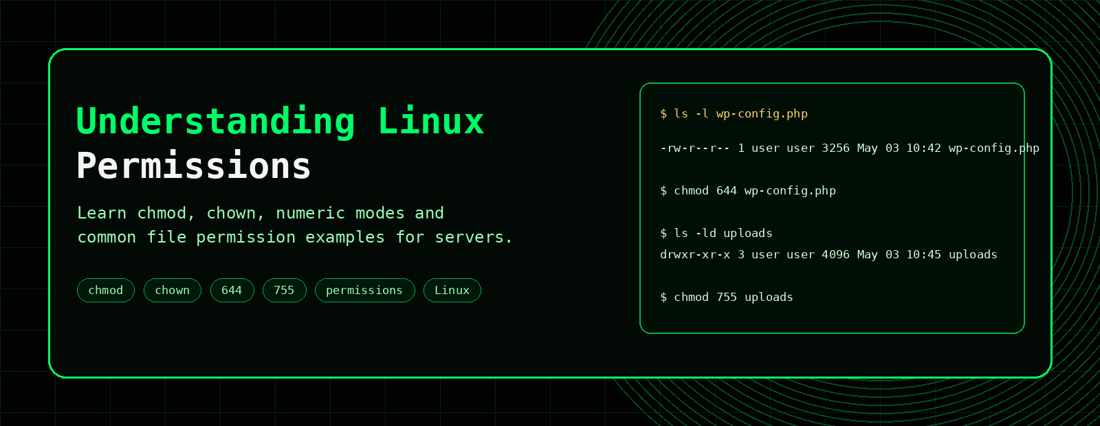 Understanding Linux permissions banner showing chmod and chown examples