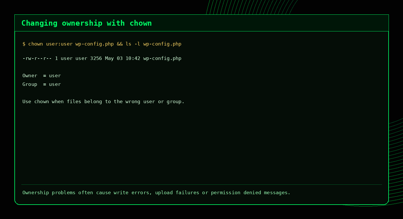 Example output showing chown changing file ownership