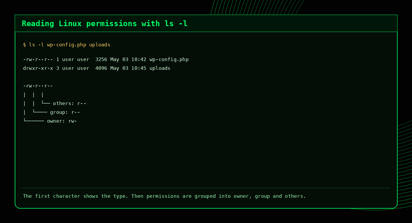 Example output showing Linux permissions from ls -l