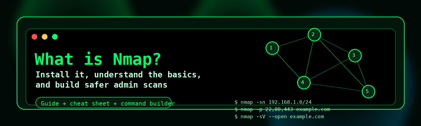 Nmap beginner guide banner showing terminal commands and network discovery