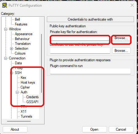 PuTTY SSH Auth screen showing private key file selected for authentication