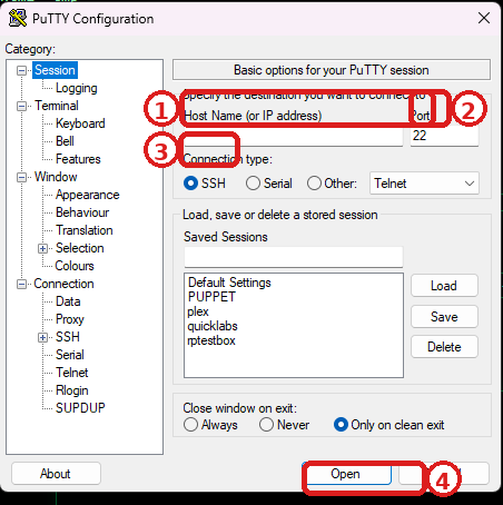 PuTTY Configuration screen with Host Name, Port and SSH connection type selected
