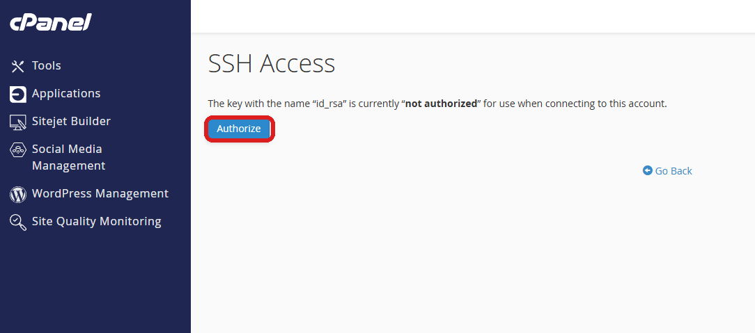 cPanel SSH Access page showing a public key that is not authorized and the Authorize button