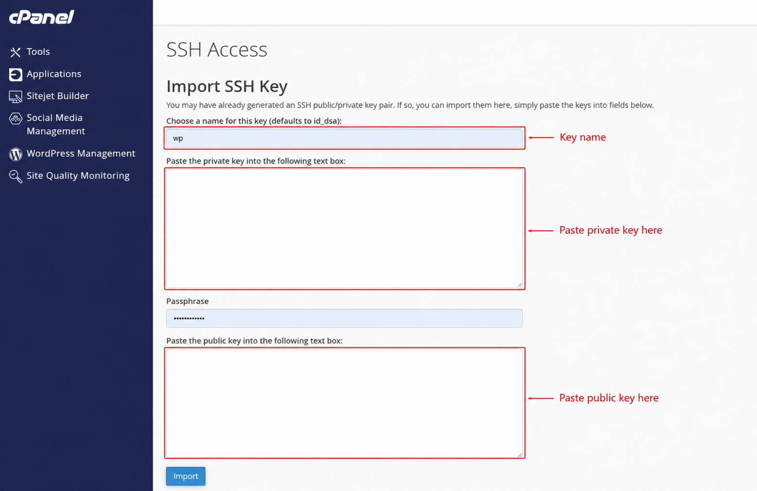 cPanel Import SSH Key screen showing an example key name, passphrase and public key boxes
