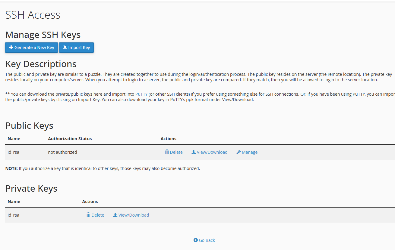 cPanel Manage SSH Keys page showing Generate a New Key button, Import Key button and a not authorized public key