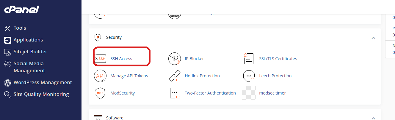 cPanel Security section showing the SSH Access icon
