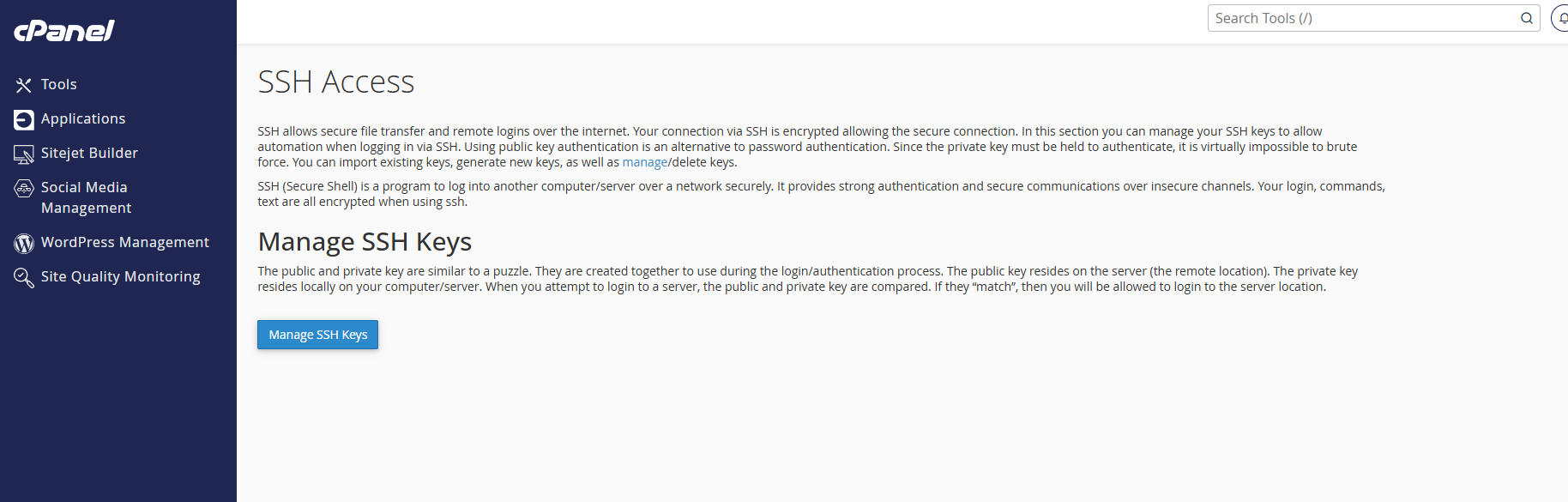 cPanel SSH Access screen with Manage SSH Keys button