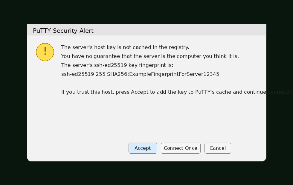 PuTTY security alert showing the server host key fingerprint