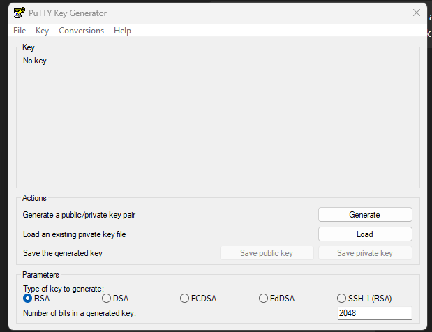 PuTTY Key Generator window before generating a key