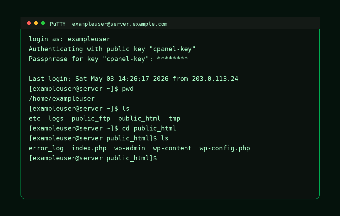 Successful PuTTY SSH login showing example commands in a terminal session