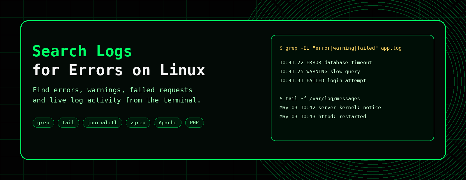 Search Logs for Errors on Linux banner showing grep tail and journalctl commands