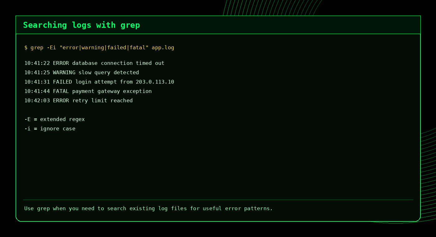 Example output showing grep searching Linux logs for errors and warnings