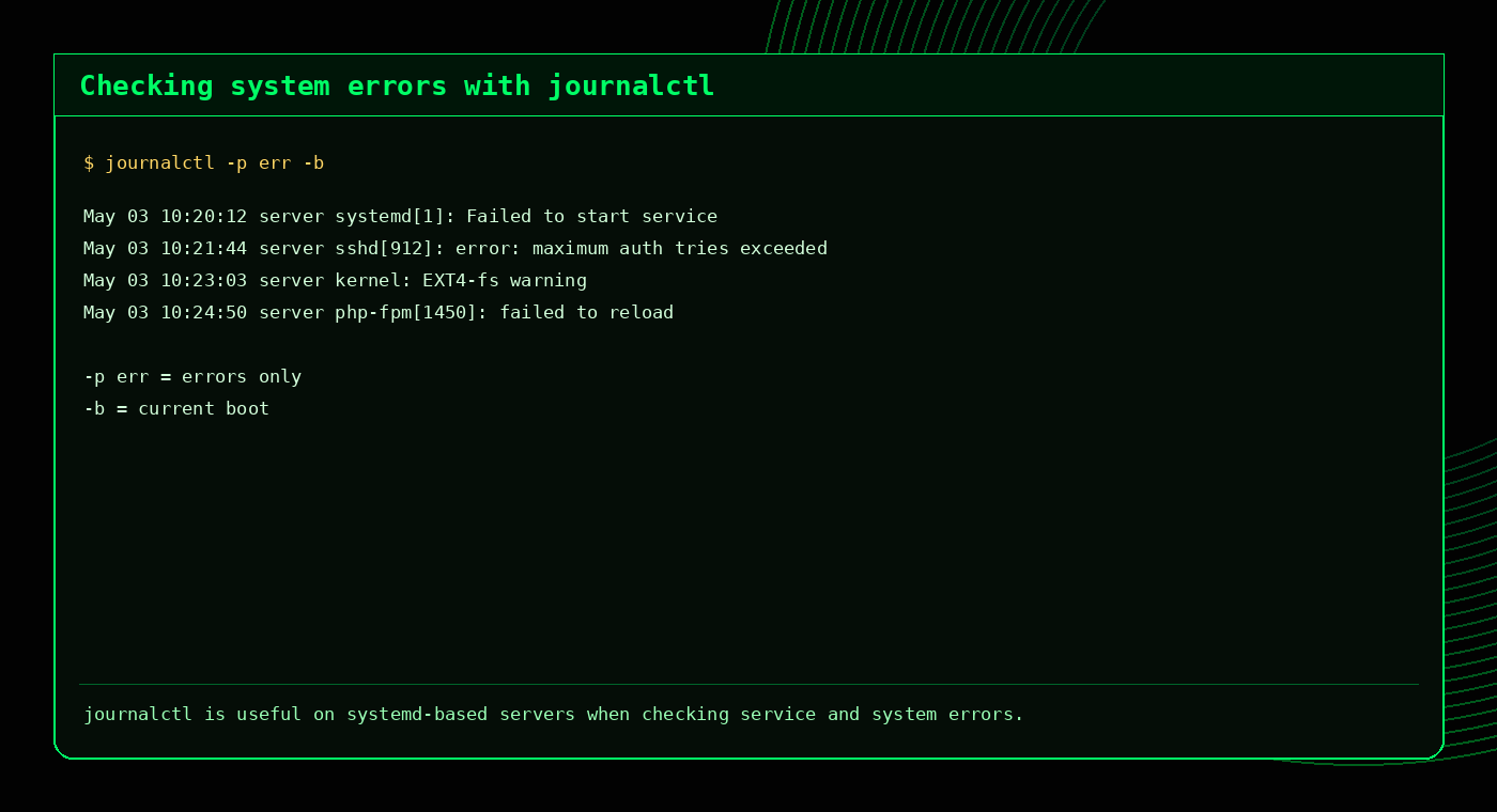 Example output showing journalctl checking Linux system errors