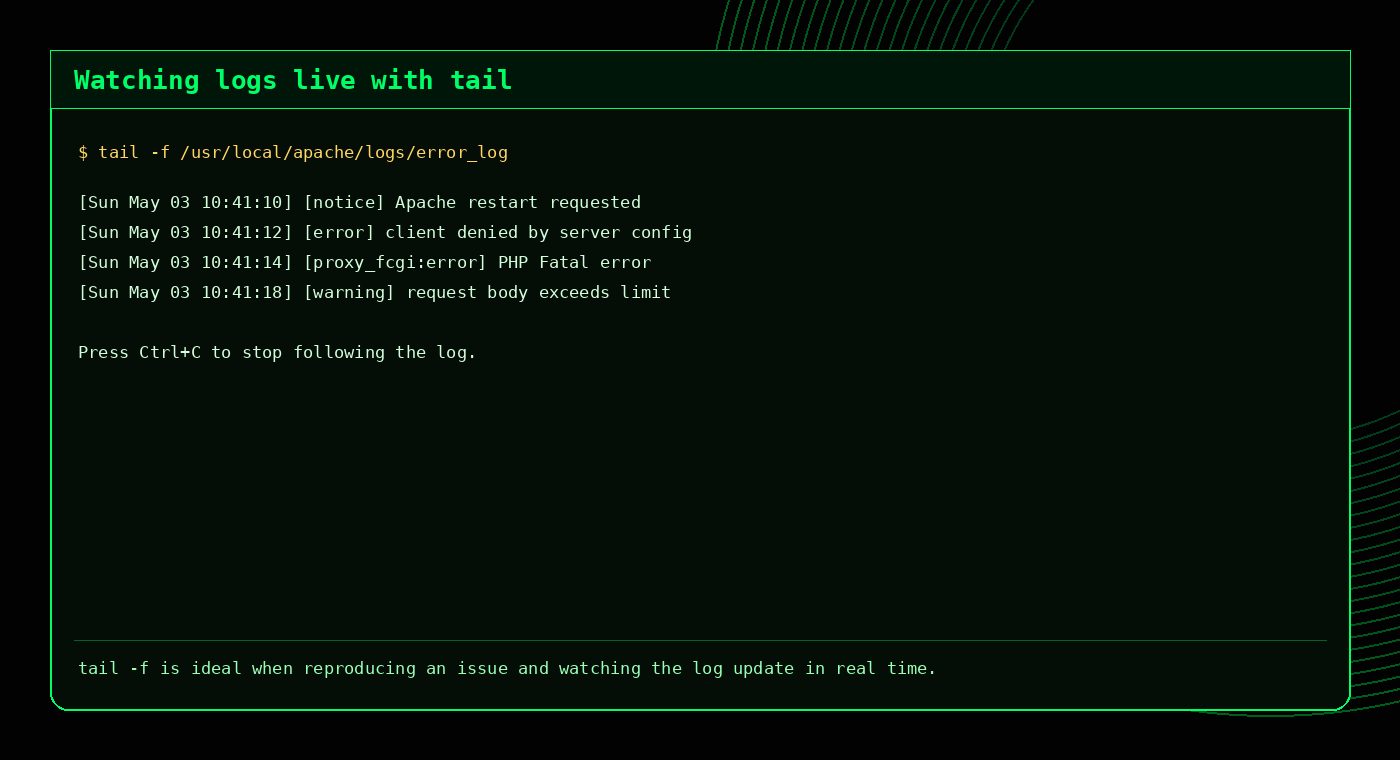 Example output showing tail -f watching an Apache error log live
